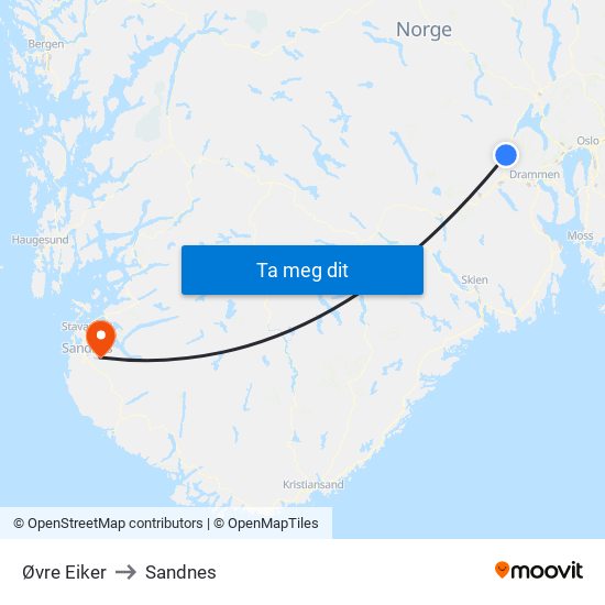 Øvre Eiker to Sandnes map