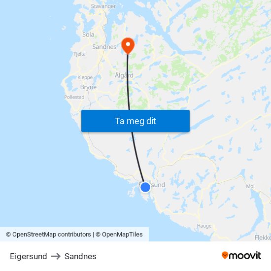 Eigersund to Sandnes map
