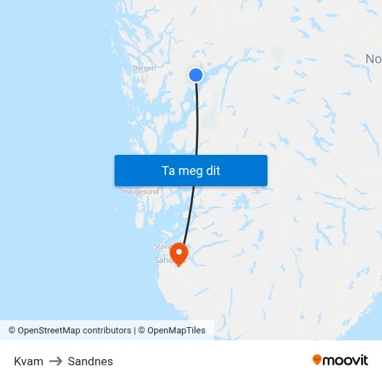 Kvam to Sandnes map