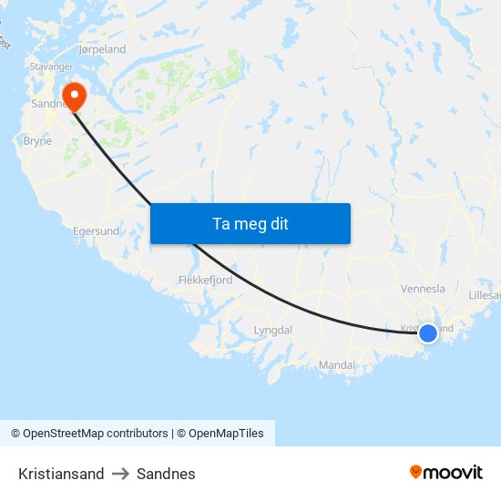 Kristiansand to Sandnes map