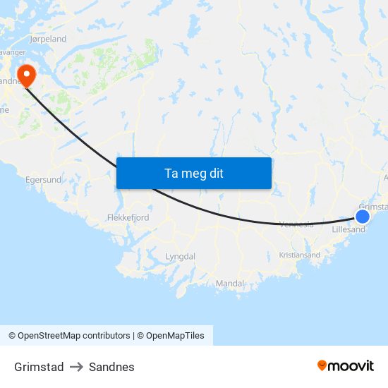 Grimstad to Sandnes map