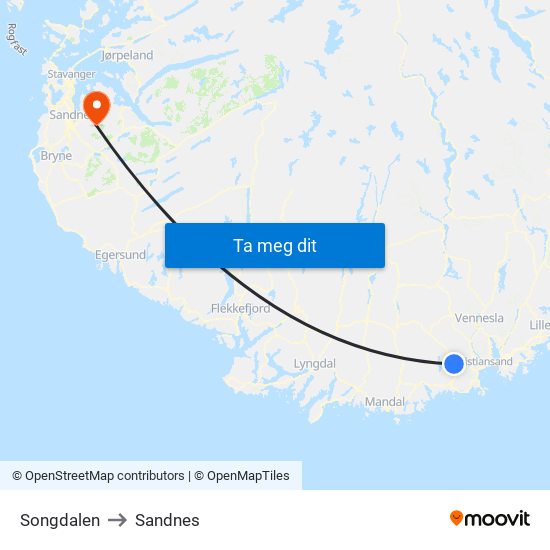 Songdalen to Sandnes map