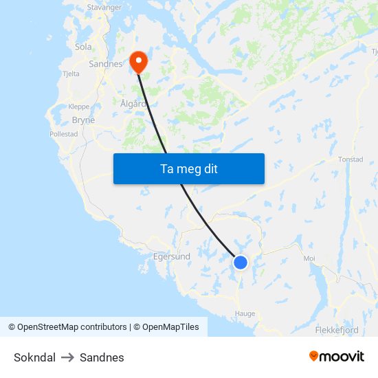 Sokndal to Sandnes map