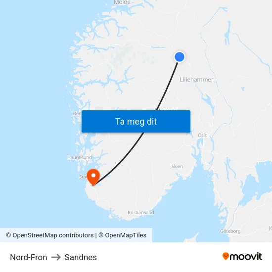 Nord-Fron to Sandnes map