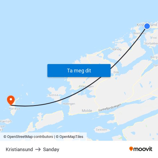 Kristiansund to Sandøy map