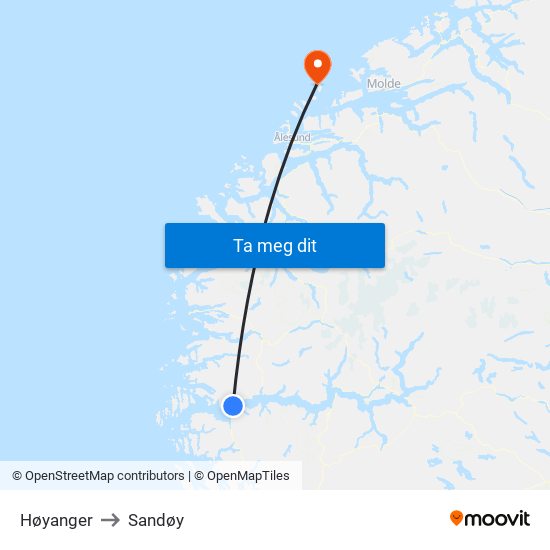 Høyanger to Sandøy map