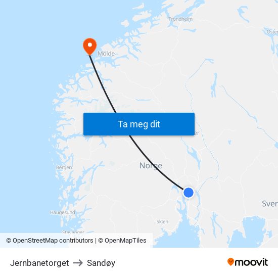 Jernbanetorget to Sandøy map
