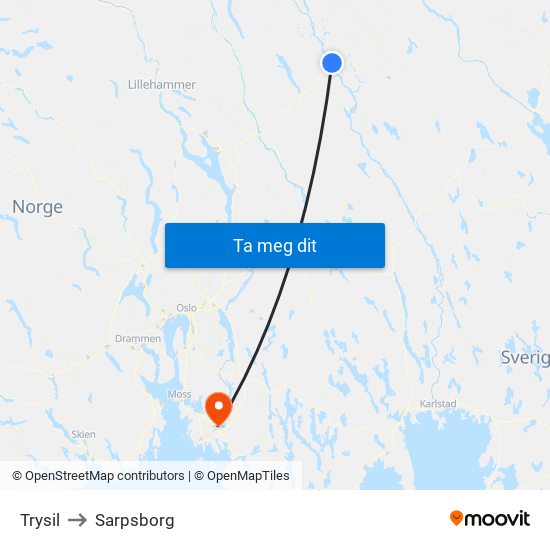 Trysil to Sarpsborg map