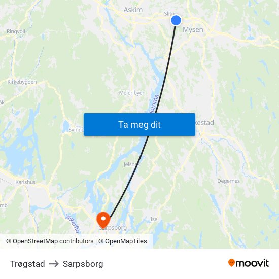 Trøgstad to Sarpsborg map