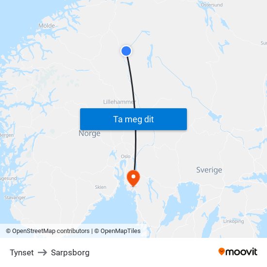 Tynset to Sarpsborg map