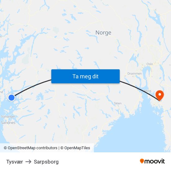 Tysvær to Sarpsborg map