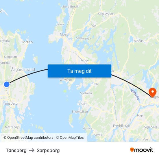 Tønsberg to Sarpsborg map