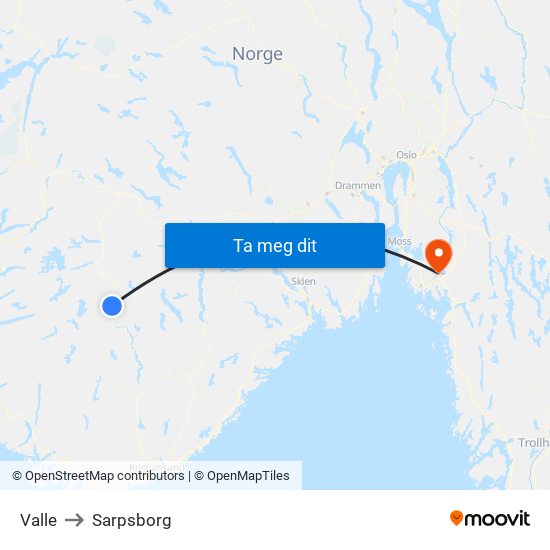Valle to Sarpsborg map