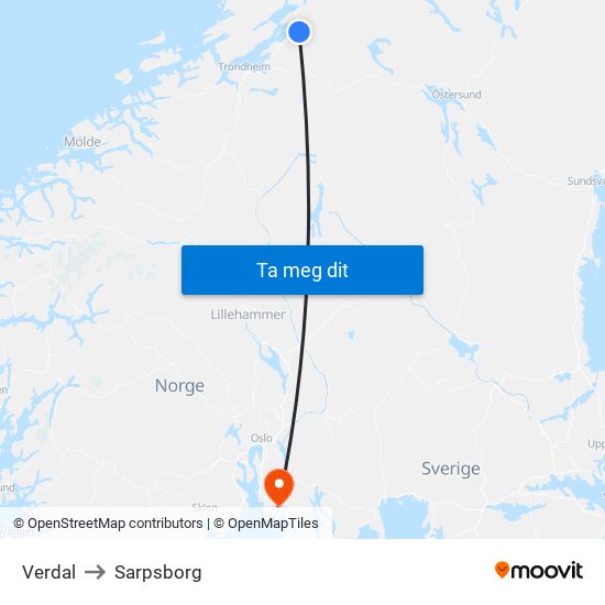 Verdal to Sarpsborg map