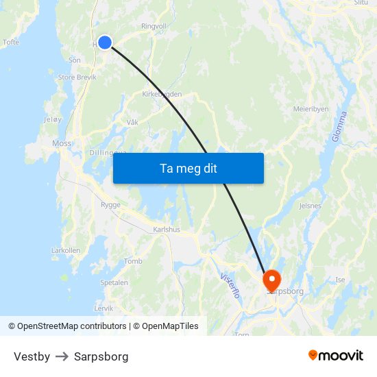 Vestby to Sarpsborg map