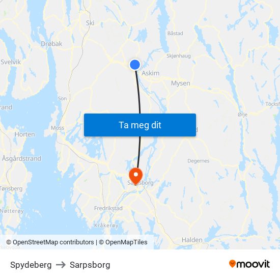 Spydeberg to Sarpsborg map