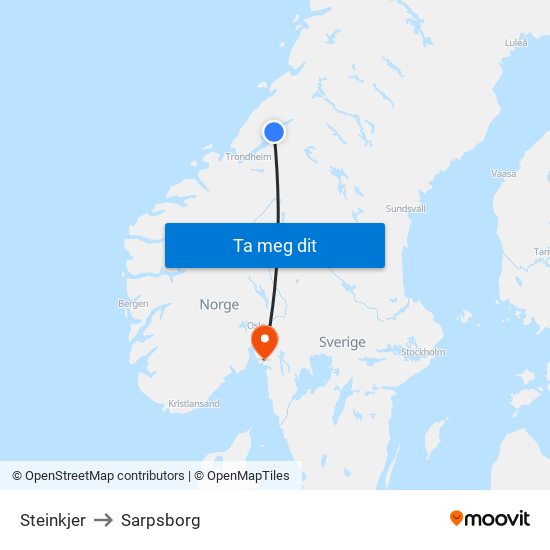 Steinkjer to Sarpsborg map