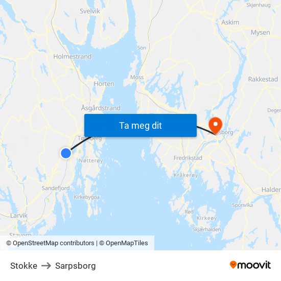 Stokke to Sarpsborg map