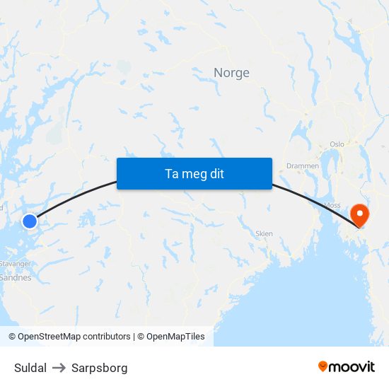 Suldal to Sarpsborg map