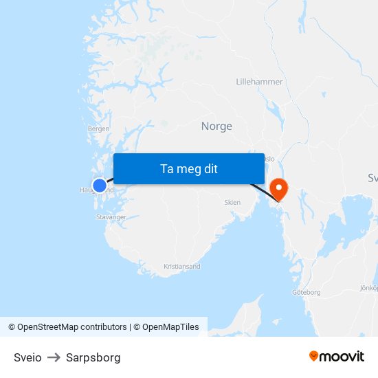 Sveio to Sarpsborg map