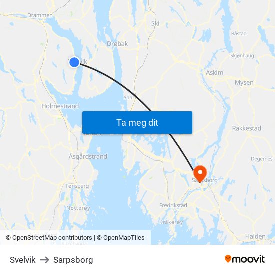 Svelvik to Sarpsborg map