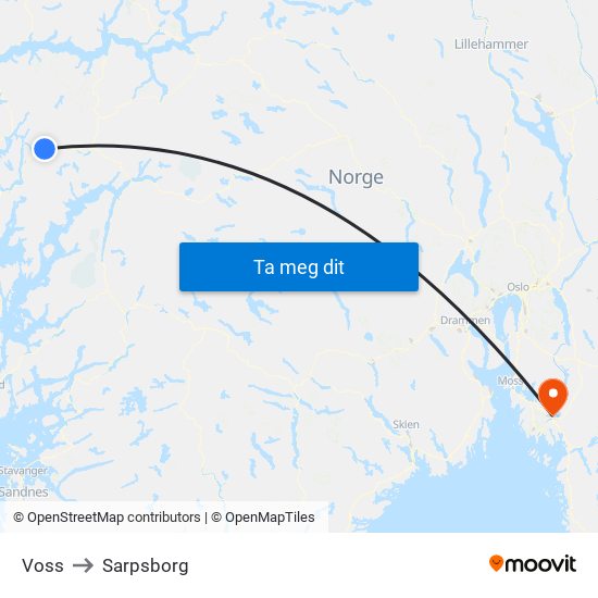 Voss to Sarpsborg map