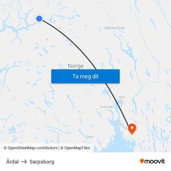 Årdal to Sarpsborg map