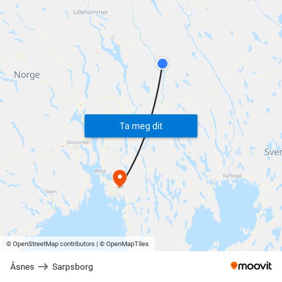 Åsnes to Sarpsborg map