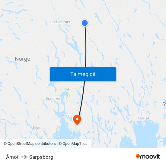 Åmot to Sarpsborg map