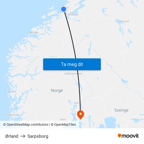 Ørland to Sarpsborg map