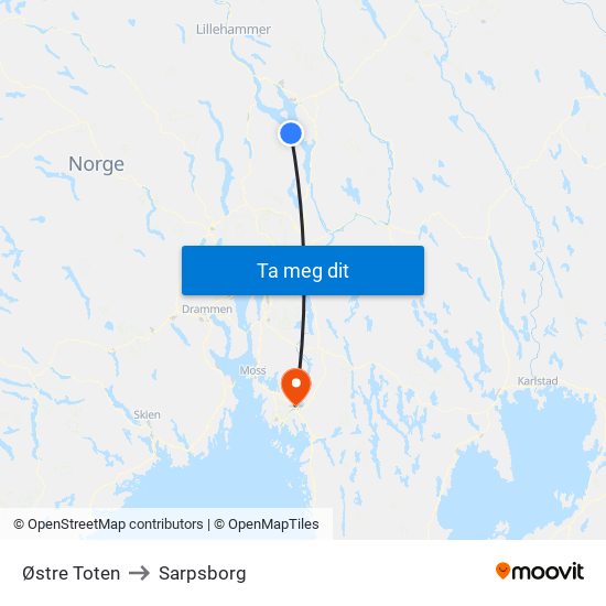 Østre Toten to Sarpsborg map
