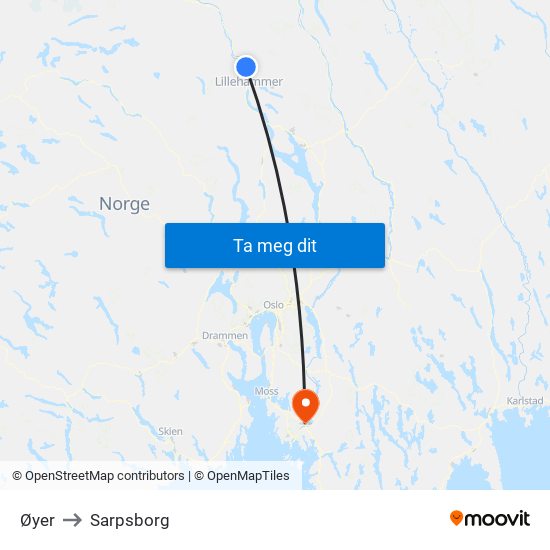 Øyer to Sarpsborg map