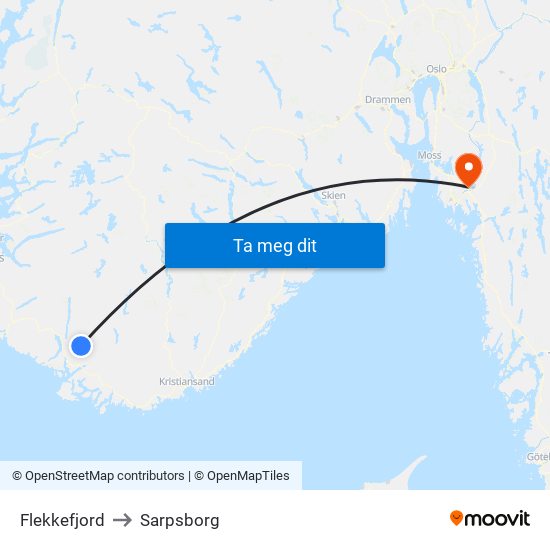 Flekkefjord to Sarpsborg map