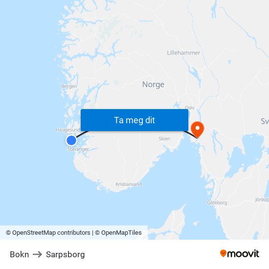 Bokn to Sarpsborg map