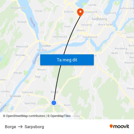 Borge to Sarpsborg map