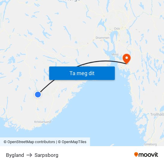 Bygland to Sarpsborg map