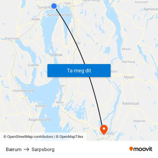 Bærum to Sarpsborg map