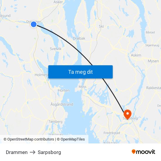 Drammen to Sarpsborg map
