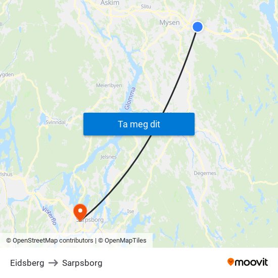 Eidsberg to Sarpsborg map