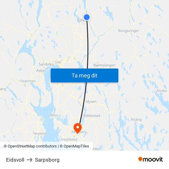 Eidsvoll to Sarpsborg map