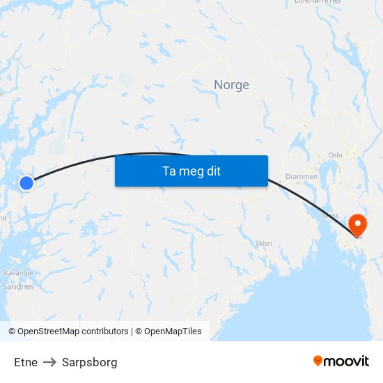 Etne to Sarpsborg map