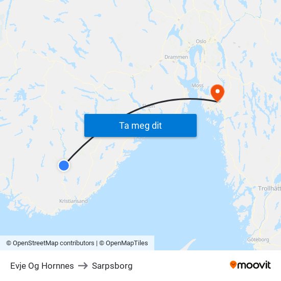 Evje Og Hornnes to Sarpsborg map