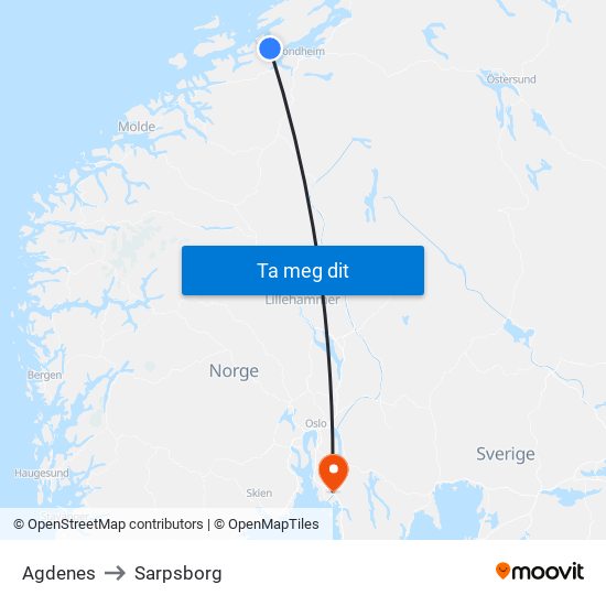 Agdenes to Sarpsborg map