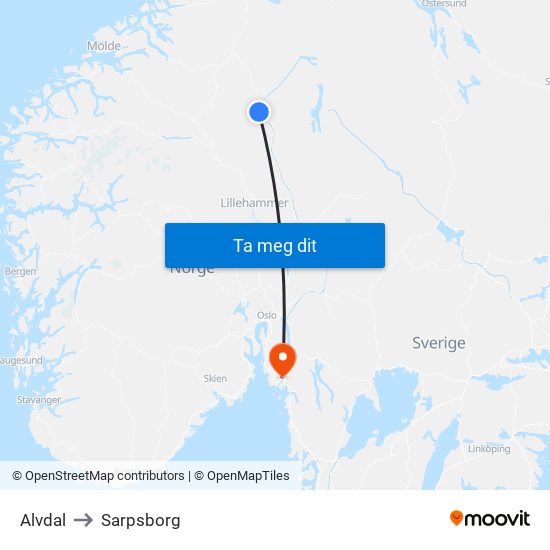 Alvdal to Sarpsborg map