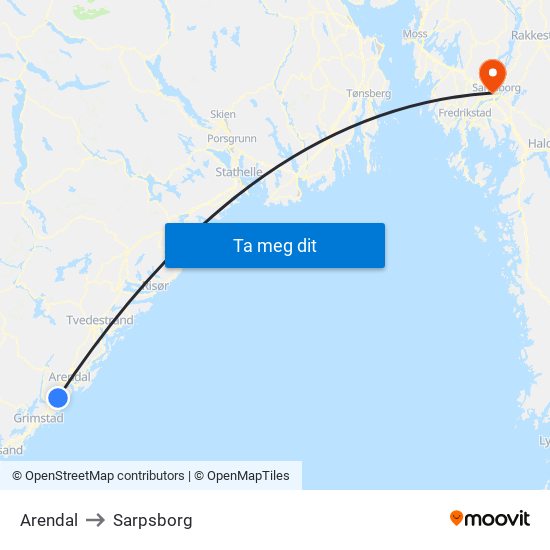 Arendal to Sarpsborg map