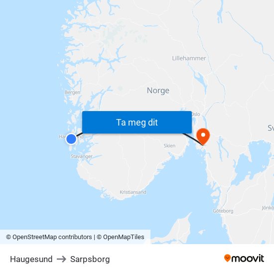 Haugesund to Sarpsborg map