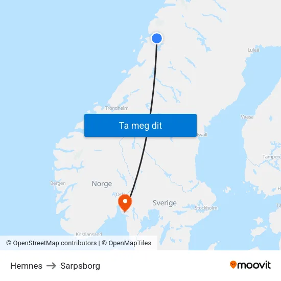Hemnes to Sarpsborg map