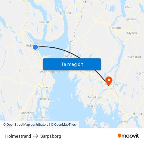 Holmestrand to Sarpsborg map