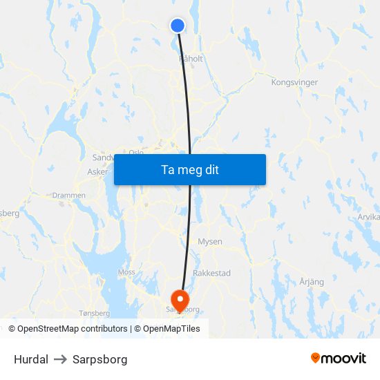 Hurdal to Sarpsborg map