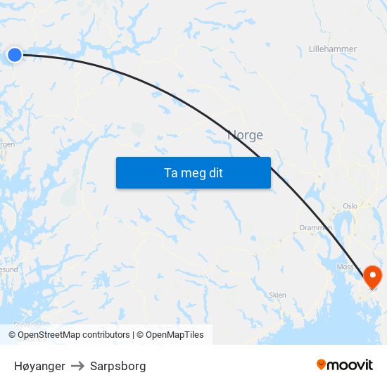 Høyanger to Sarpsborg map